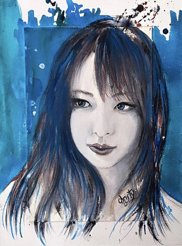 CHRISTY -  Douceur bleutée au regard lointain (tableau, encre et aquarelle / papier)