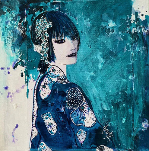 CHRISTY - Geisha azurée (tableau, encre et aquarelle / papier) - ART ET MISS