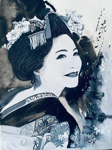 CHRISTY - Geisha royale en noir et blanc (tableau, encre de Chine / papier) - ART ET MISS
