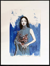 Charger l&#39;image dans la galerie, CHRISTY - Yeux bleus au bouquet (tableau, encre de soie et aquarelle / papier) - ART ET MISS