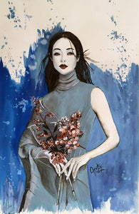 CHRISTY - Yeux bleus au bouquet (tableau, encre de soie et aquarelle / papier) - ART ET MISS