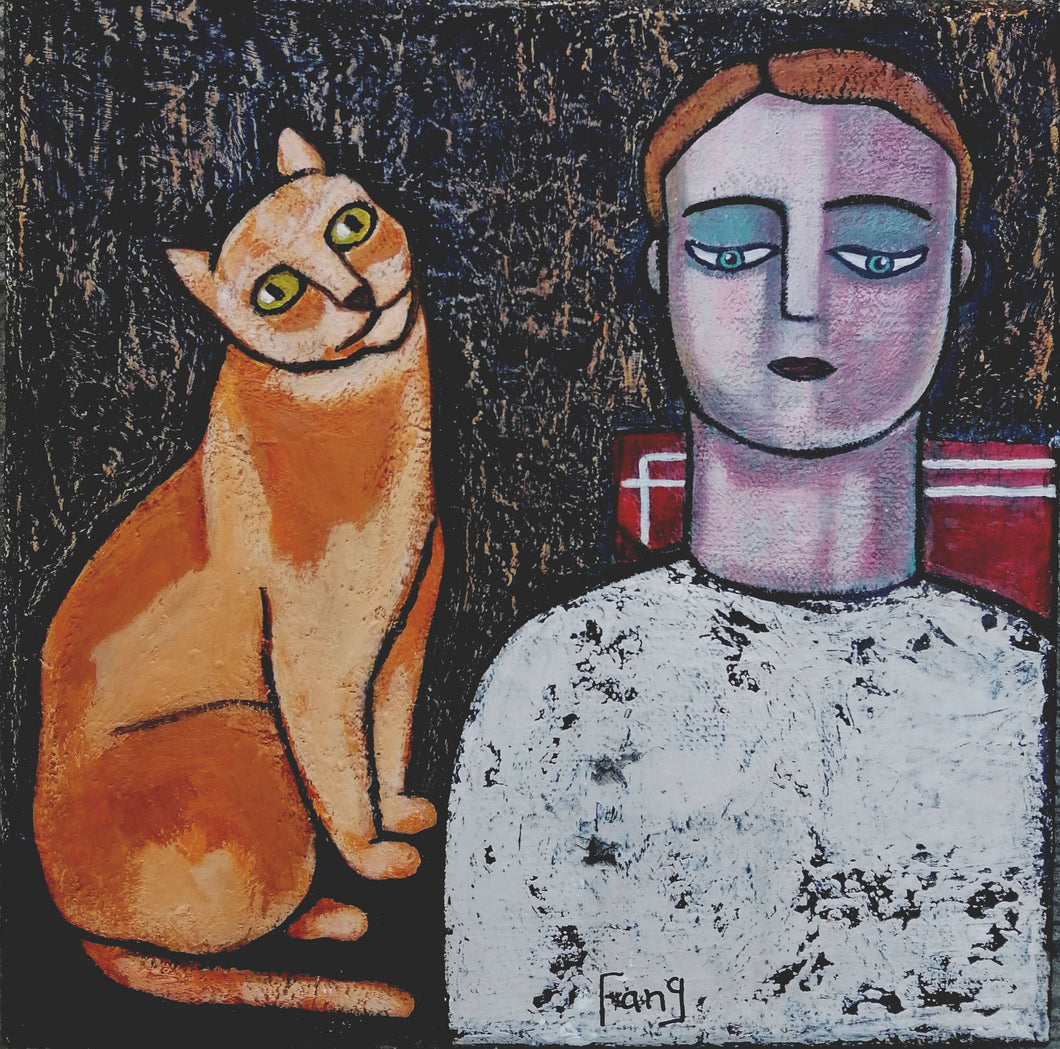 FANG Marie  - Apprendre à se connaître 2,  Portrait avec chat,  Acrylique sur toile