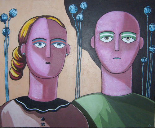 FANG Marie  - Couple aux lotus,  Portrait Acrylique sur toile