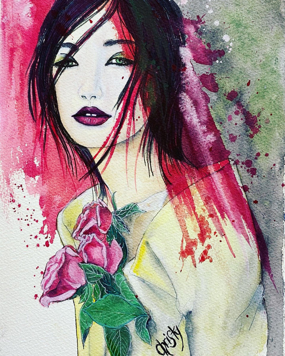 Christy : Sensuality with roses, aquarelle sur papier aquarelle