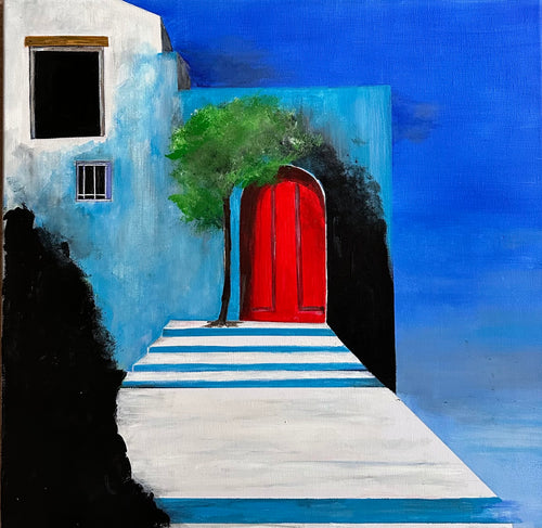 Didier Colomès : La porte rouge, tableau figuratif acrylique