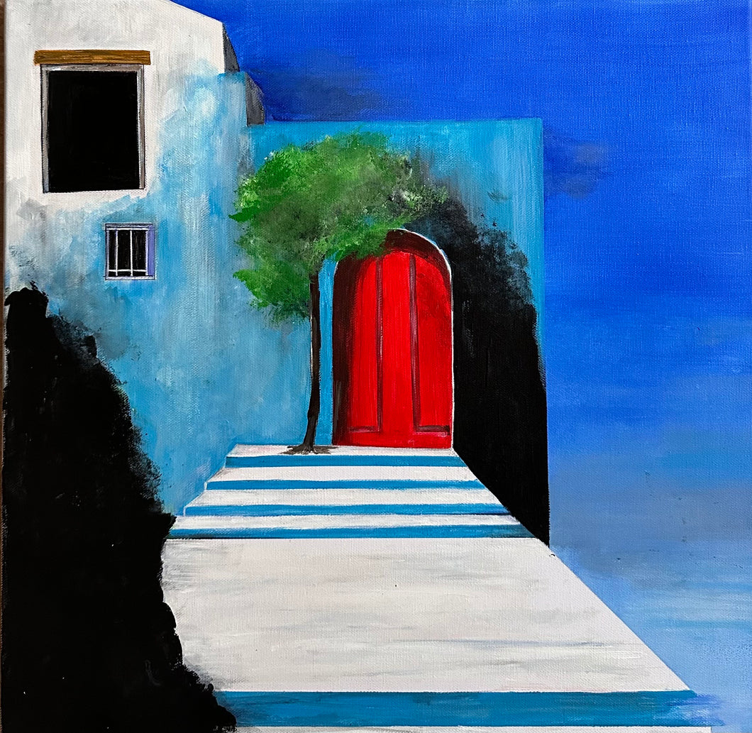 Didier Colomès : La porte rouge, tableau figuratif acrylique