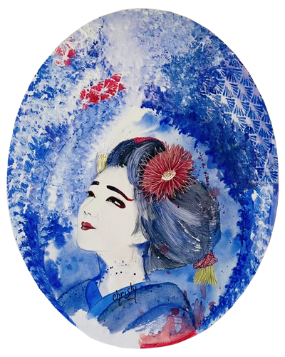 Christy - Geisha at the red flower, aquarelle