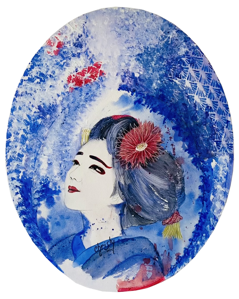 Christy - Geisha at the red flower, aquarelle