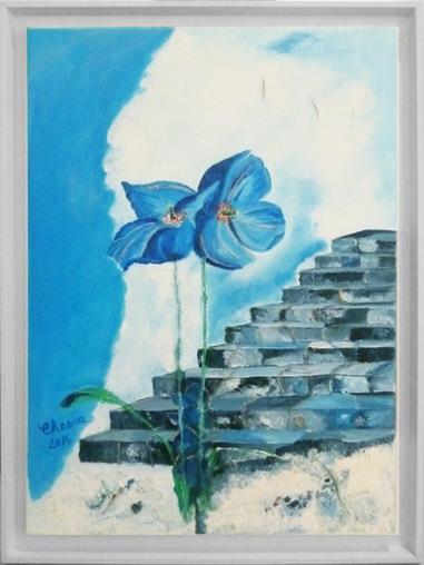 CHESCA - Le pavot bleu (tableau, huile et collages / toile) - ART ET MISS