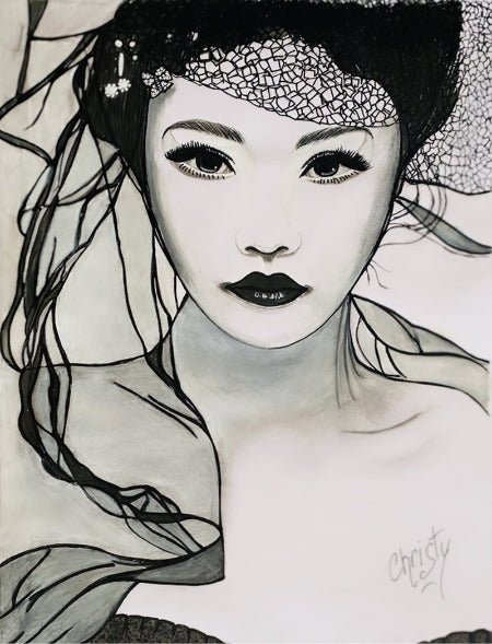 CHRISTY - Beauty on Veil (tableau, Aquarelle, crayon, graphite / papier) - ART ET MISS