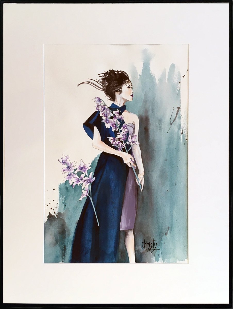 CHRISTY - La guerrière aux fleurs (tableau, encre et aquarelle / papier) - ART ET MISS