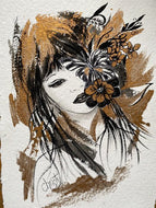 CHRISTY - Papillon fleuri au regard délicat (tableau, Dorure, aquarelle, marqueur / papier) - ART ET MISS