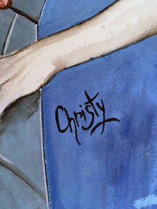 CHRISTY - Yeux bleus au bouquet (tableau, encre de soie et aquarelle / papier) - ART ET MISS