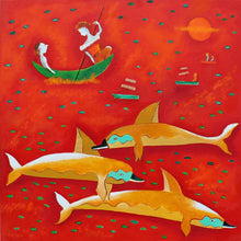 Charger l&#39;image dans la galerie, LE BRICQUIR Danielle : Les dauphins de la mer rouge (Tableau, huile sur toile) - ART ET MISS