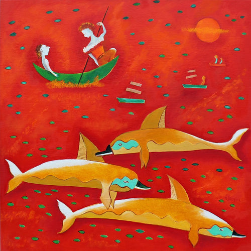 LE BRICQUIR Danielle : Les dauphins de la mer rouge (Tableau, huile sur toile) - ART ET MISS